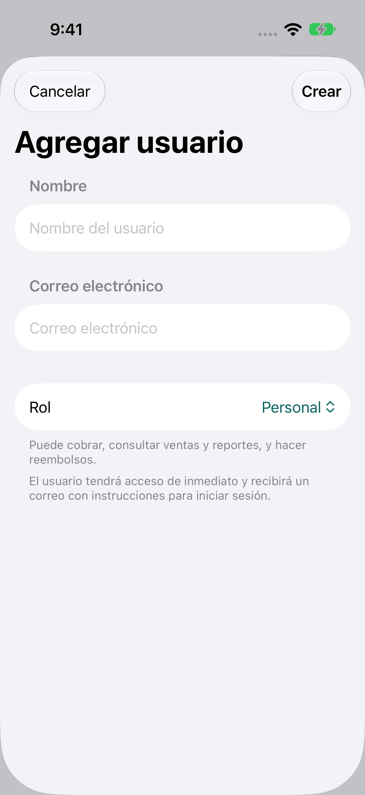 Formulario para agregar a un integrante con nombre, correo y rol de acceso.