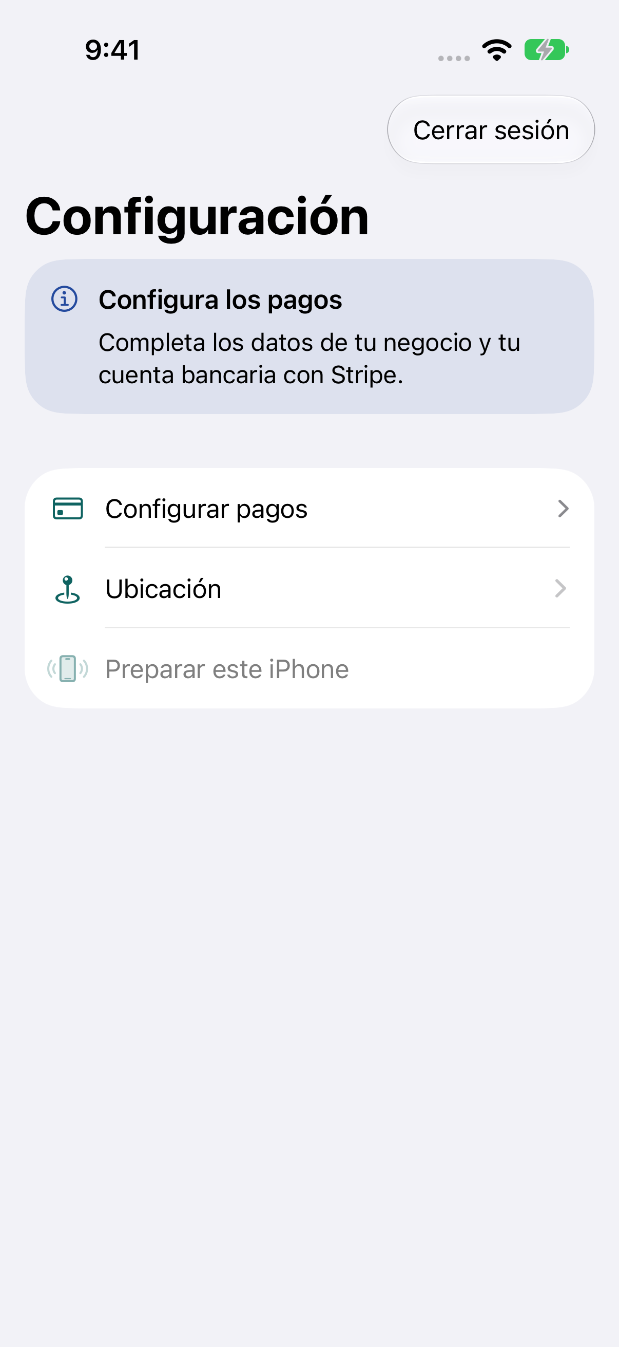 Lista de configuración con los pasos de pagos, ubicación y preparación del iPhone.