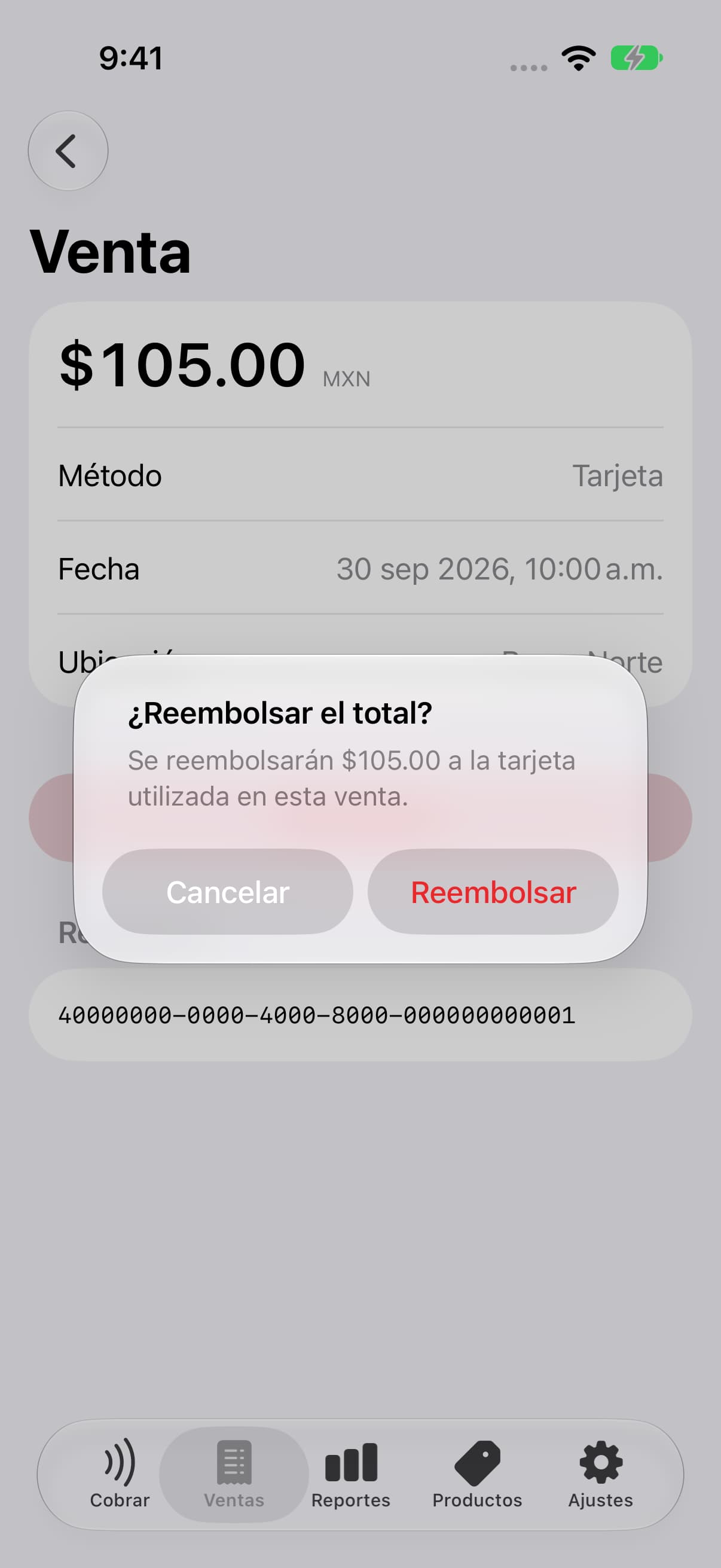 Confirmación de reembolso con el importe que se devolverá a la tarjeta.
