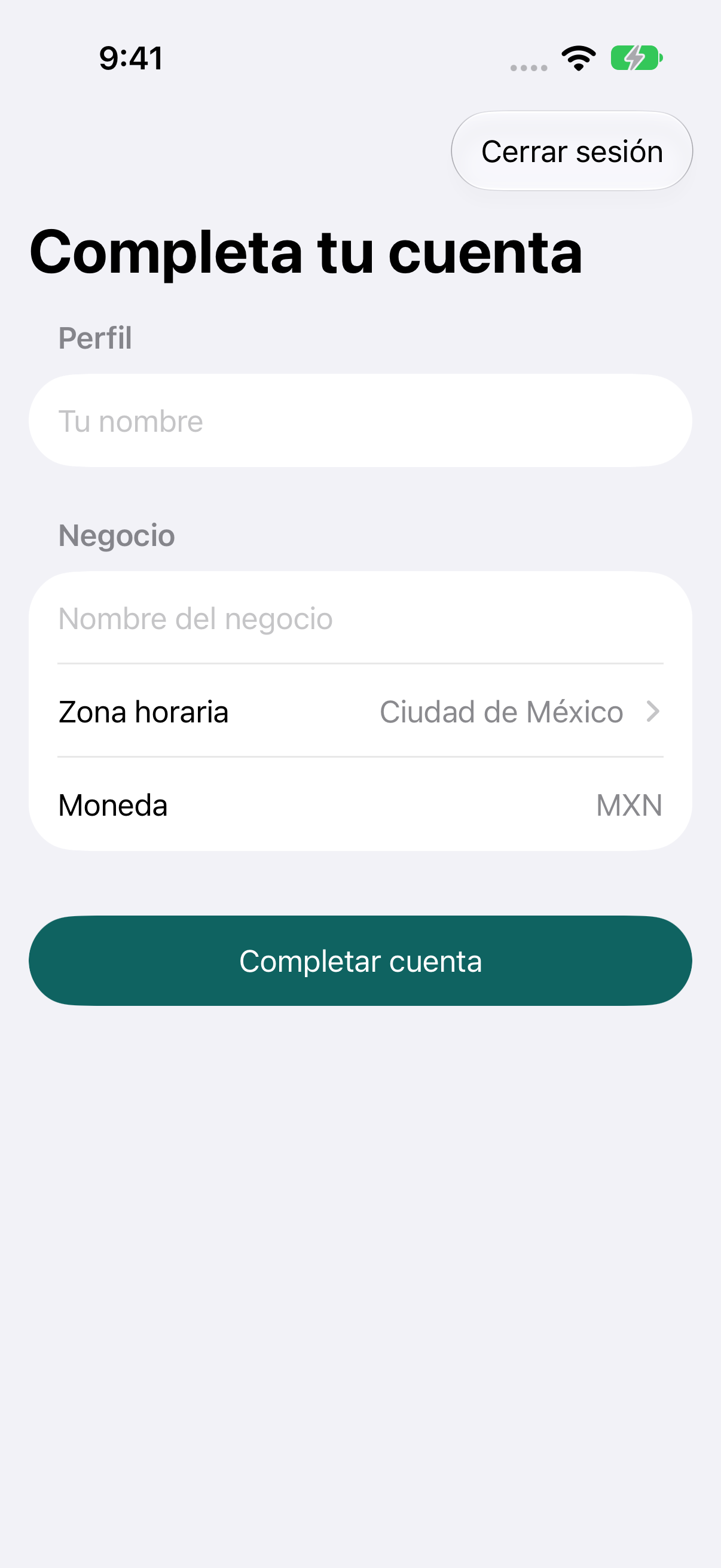 Formulario de cuenta con nombre, negocio y zona horaria.