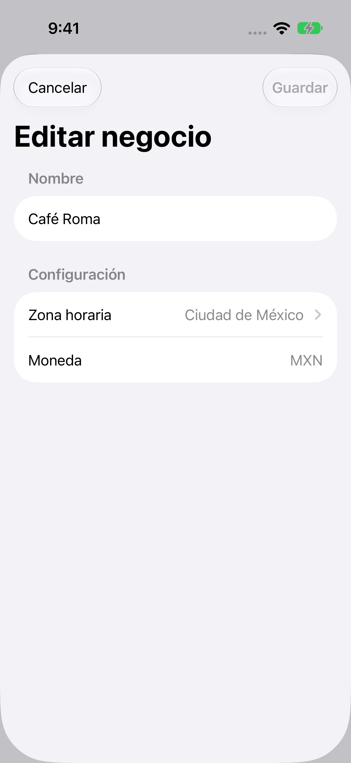 Formulario de edición del negocio Café Roma y su zona horaria.