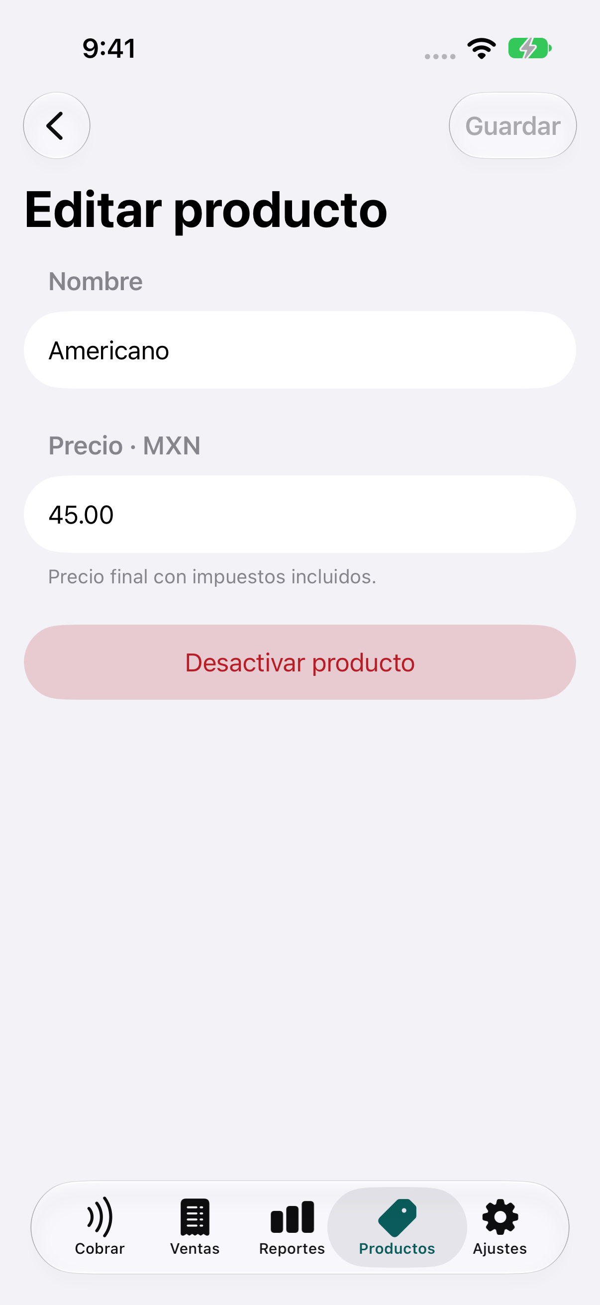 Formulario de edición de producto con nombre, precio y opción para desactivarlo.