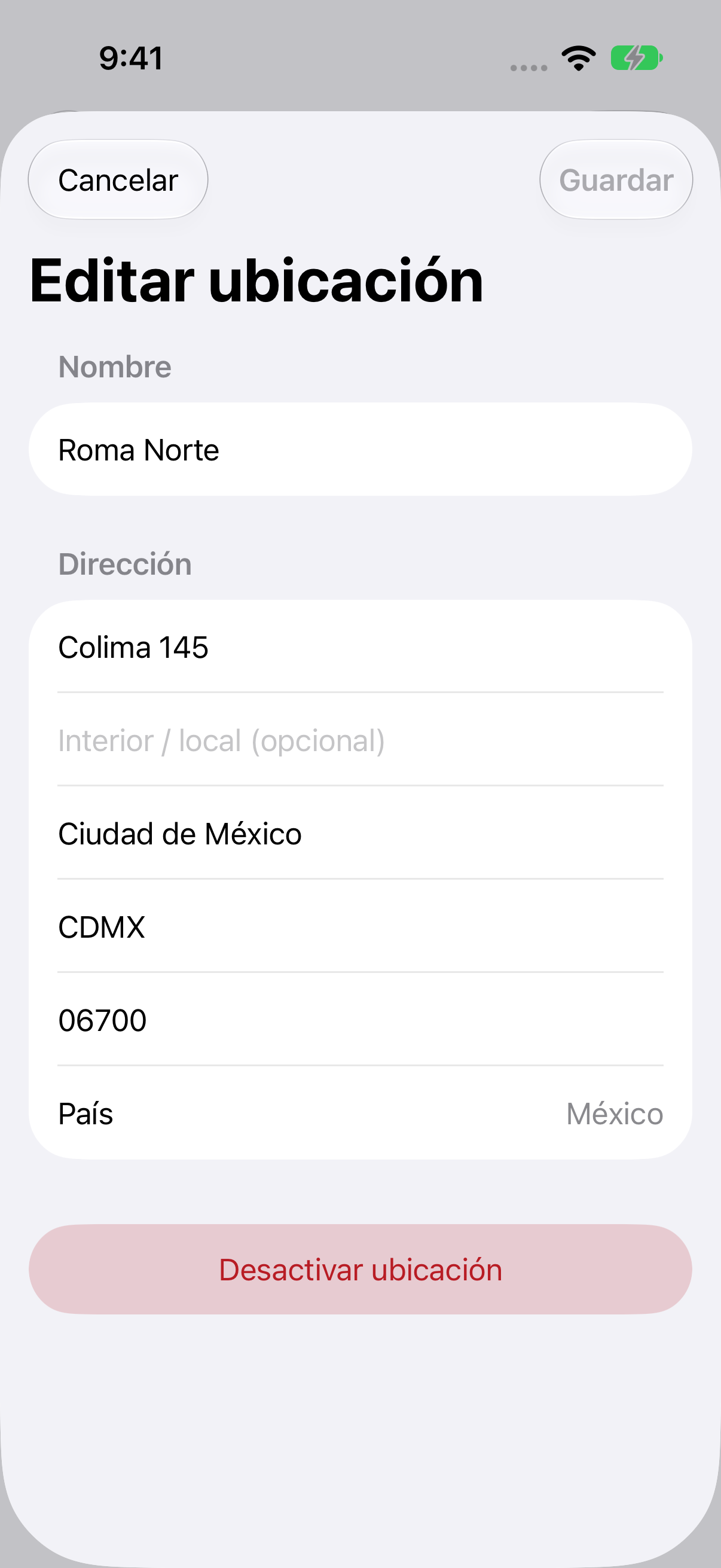Formulario de edición de la ubicación Roma Norte con los campos de su dirección.