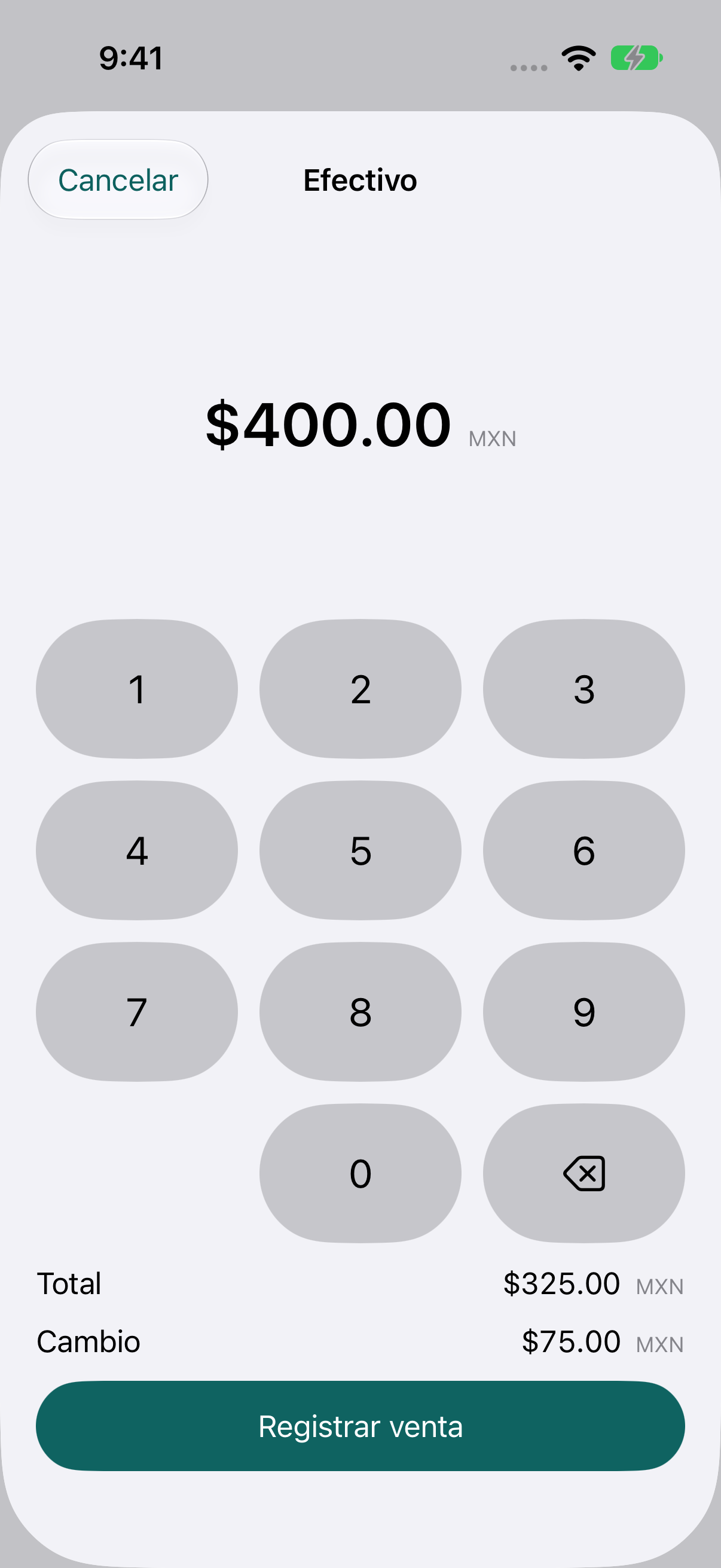 Confirmación de efectivo con $400.00 recibidos, un total de $325.00 y $75.00 de cambio.