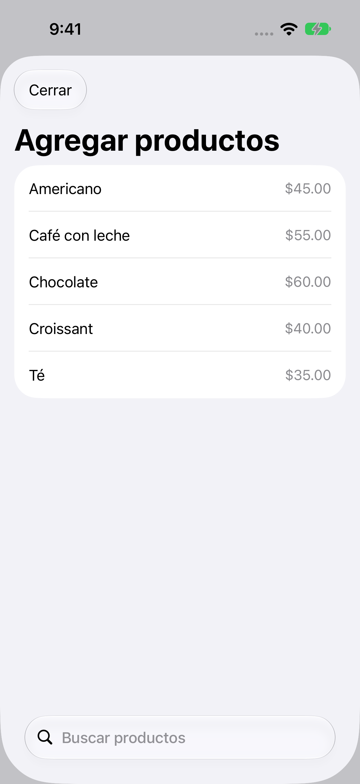 Selector de productos con sus nombres y precios para agregarlos al pedido.