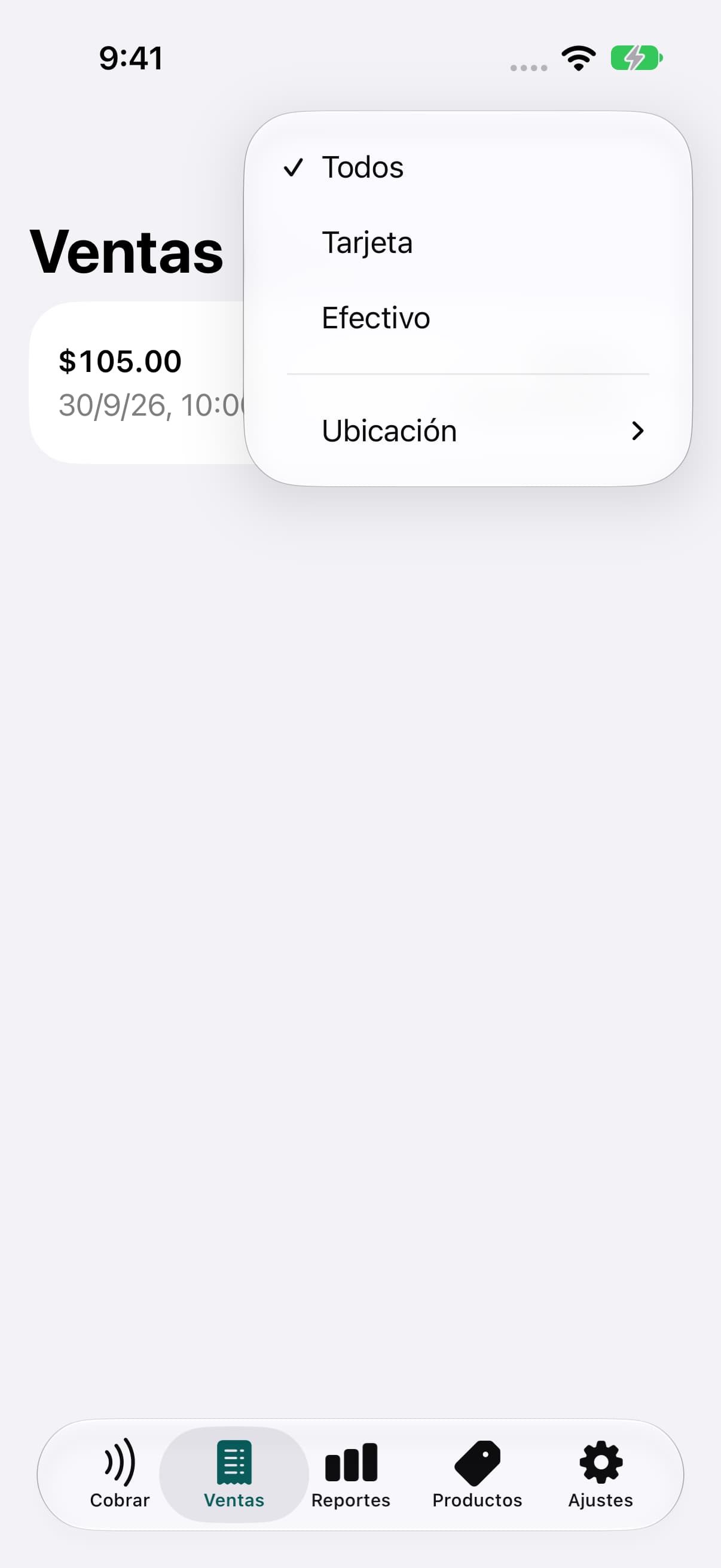 Menú de filtros de ventas para buscar operaciones del negocio.