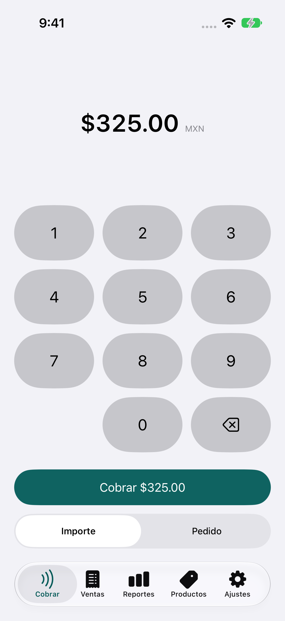Teclado de Cobrar con un importe de $325.00 y el botón de cobro.
