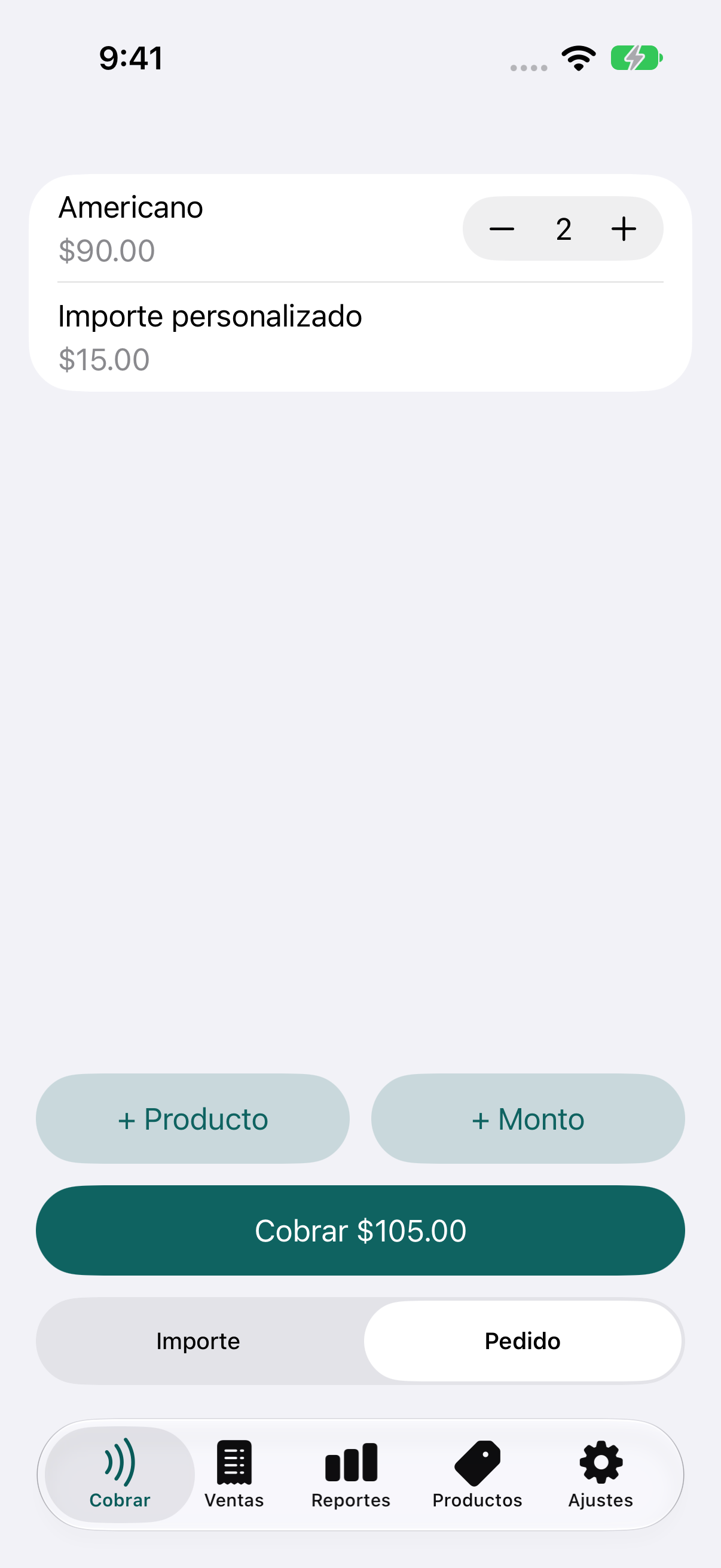 Pedido con dos cafés americanos, un importe personalizado y el total a cobrar.