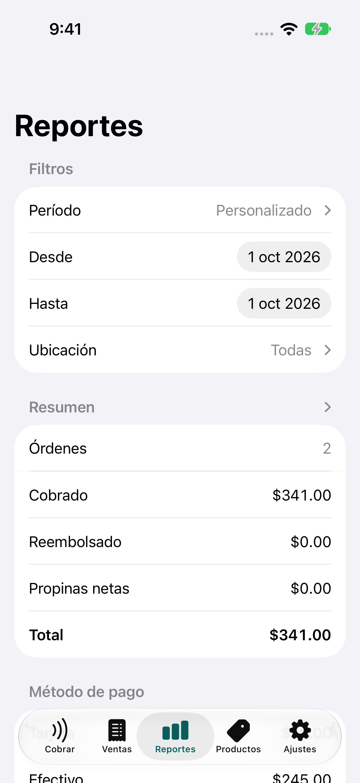 Reporte con el periodo Personalizado y selectores de fecha inicial y final.
