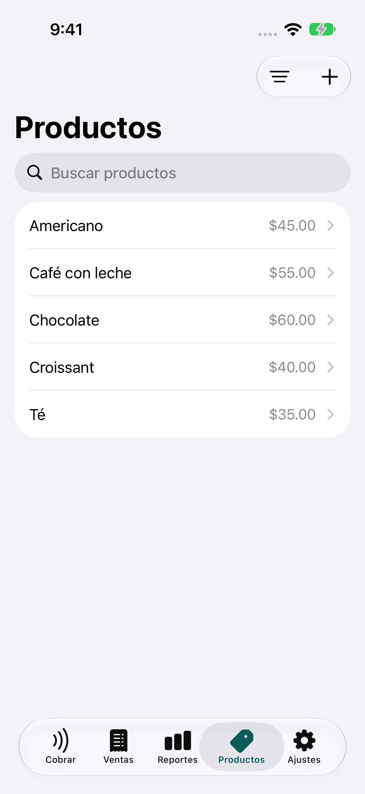 Catálogo de productos con nombres, precios, filtro y botón para agregar.