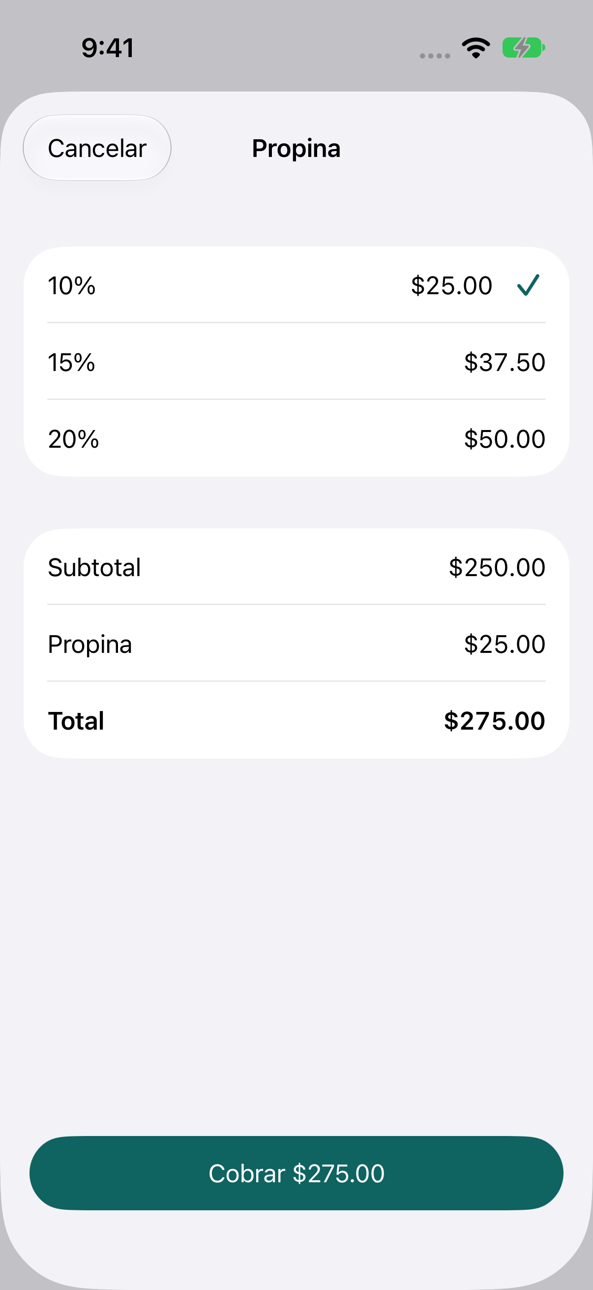 Selección de una propina del 10% para una venta de $250.00, con un total de $275.00.