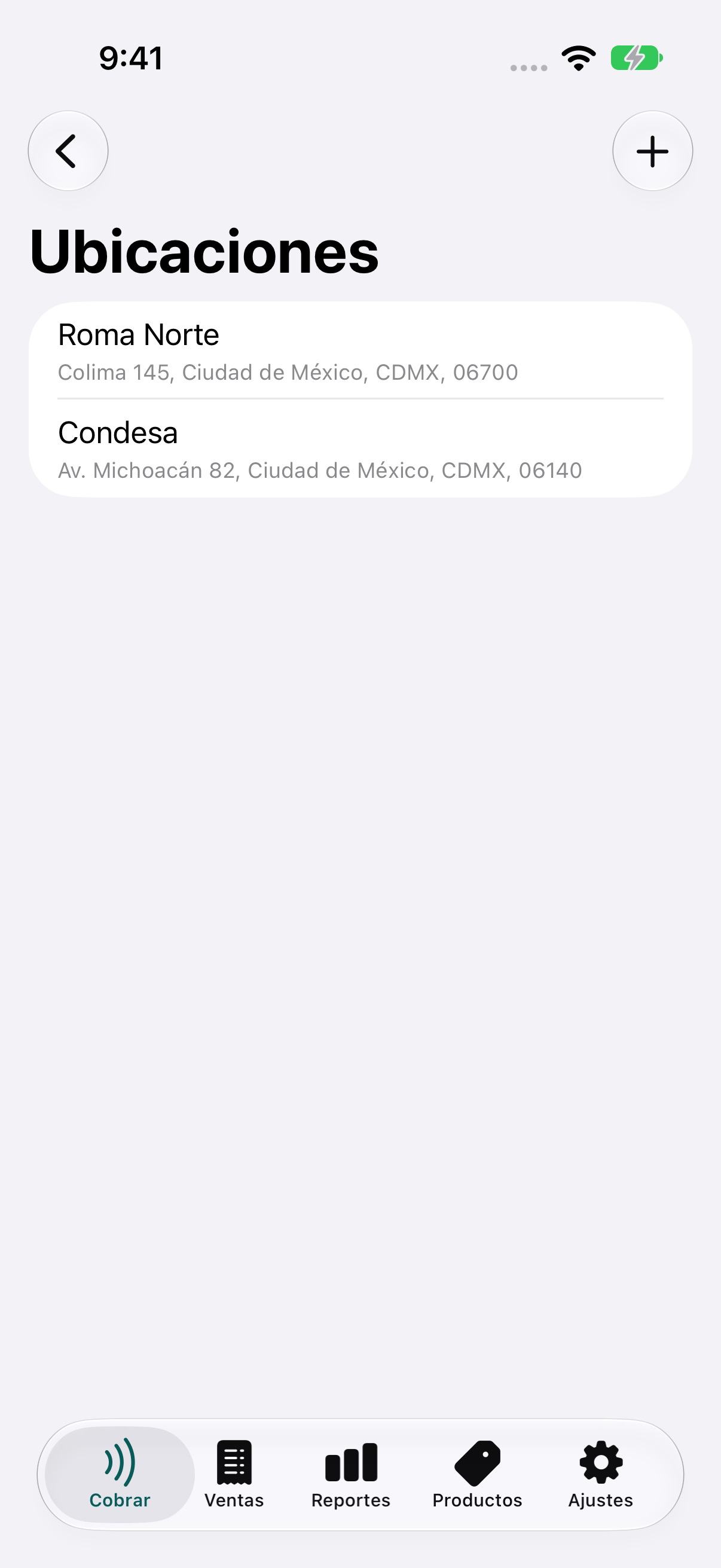 Selector de ubicaciones del negocio con Roma Norte y Condesa.