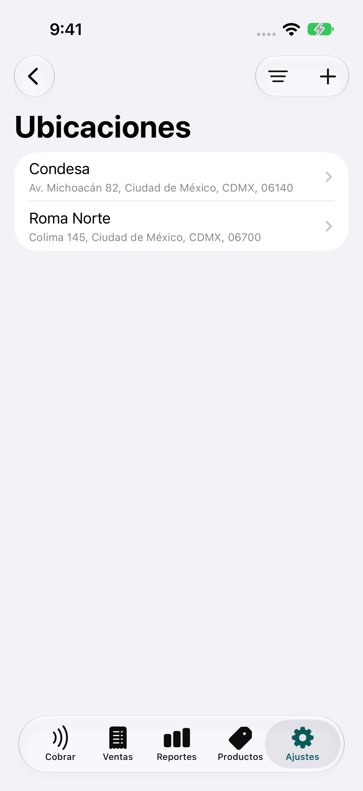 Lista de ubicaciones del negocio con nombres, direcciones y botón para agregar.