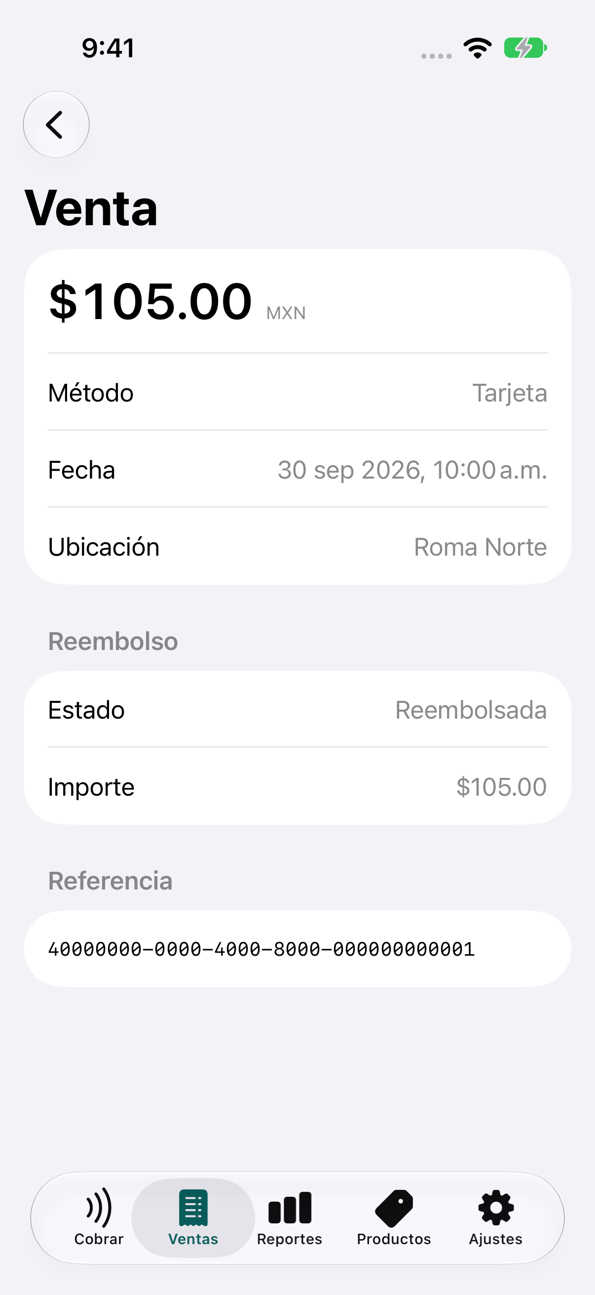 Detalle de la venta con el estado Reembolsada.