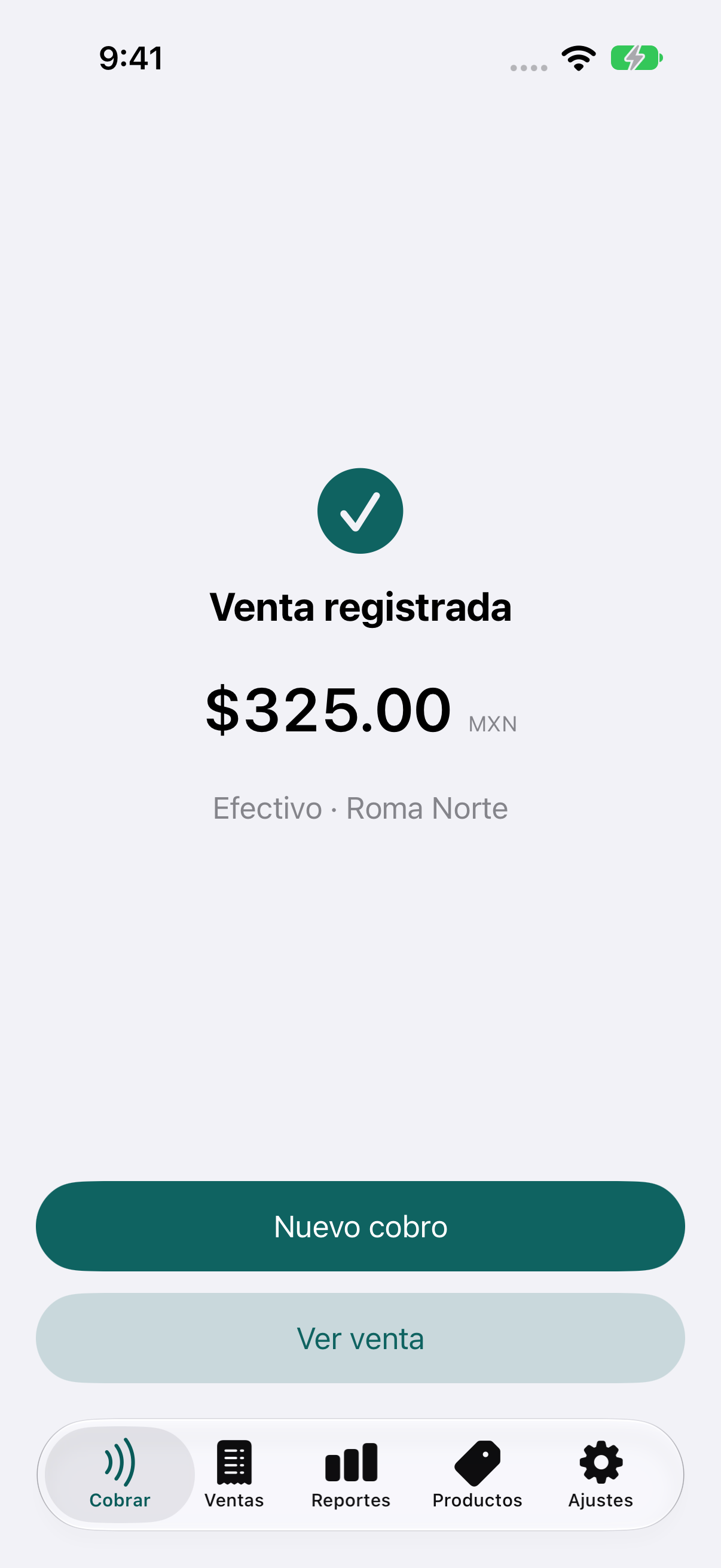 Confirmación Venta registrada por $325.00 en efectivo con opciones Ver venta y Nuevo cobro.